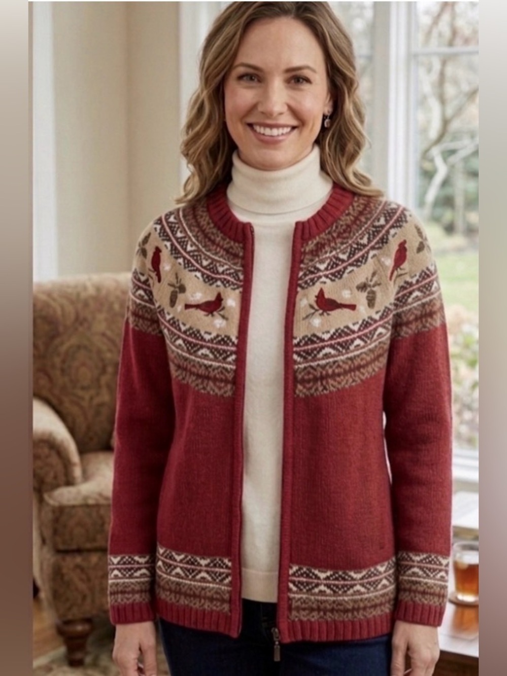 Croft & Barrow Festive Silk Blend Maroon Sweater with Bird Embroidery